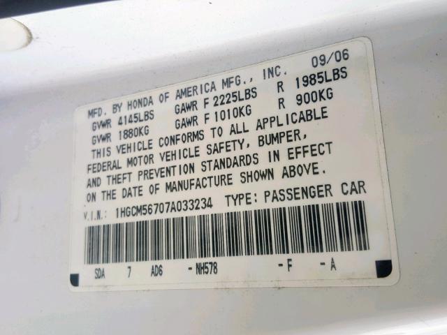 1HGCM56707A033234 - 2007 HONDA ACCORD EX WHITE photo 10