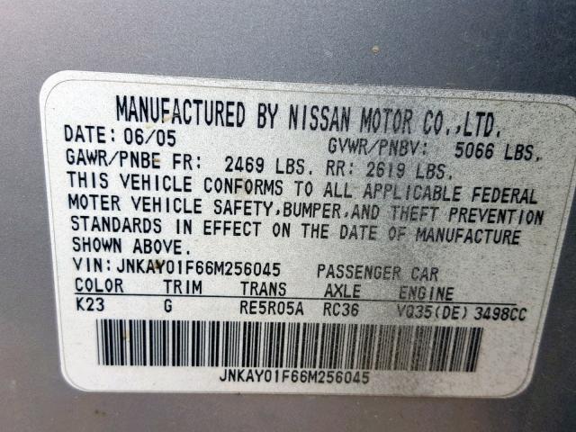 JNKAY01F66M256045 - 2006 INFINITI M35 BASE SILVER photo 10