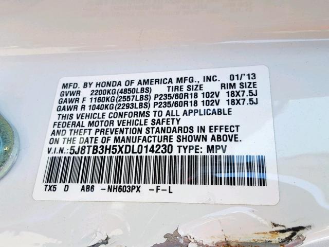 5J8TB3H5XDL014230 - 2013 ACURA RDX TECHNO WHITE photo 10