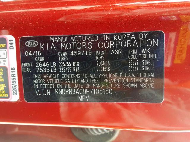 KNDPN3AC9H7105150 - 2017 KIA SPORTAGE E RED photo 10