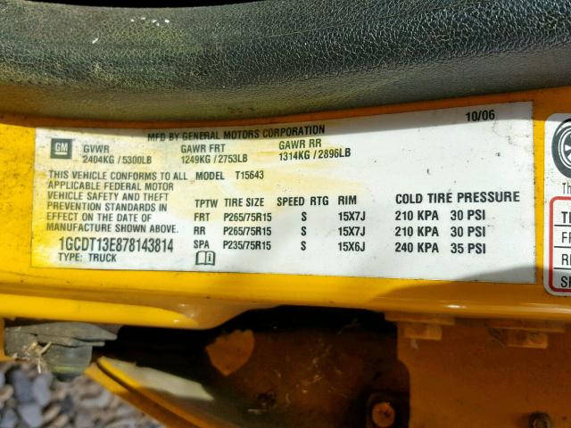 1GCDT13E878143814 - 2007 CHEVROLET COLORADO YELLOW photo 10