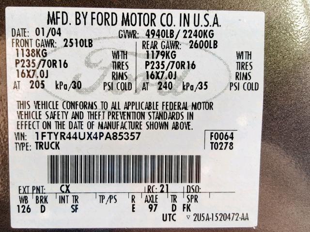 1FTYR44UX4PA85357 - 2004 FORD RANGER SUP GRAY photo 10