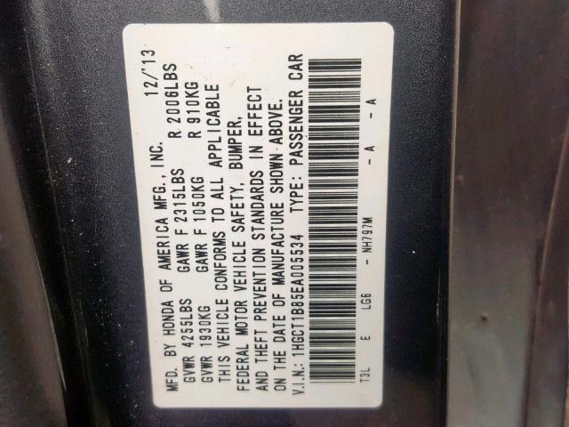 1HGCT1B85EA005534 - 2014 HONDA ACCORD EXL GRAY photo 10