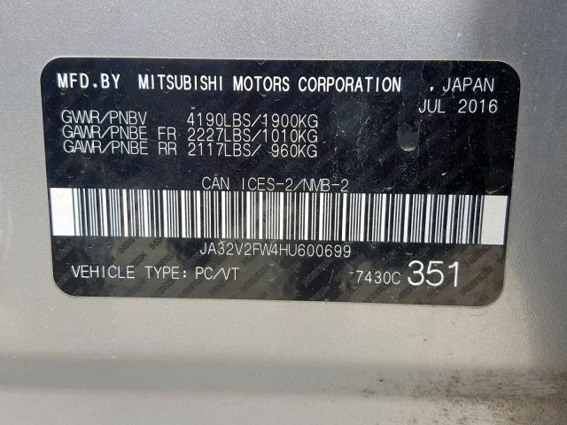 JA32V2FW4HU600699 - 2017 MITSUBISHI LANCER ES SILVER photo 10