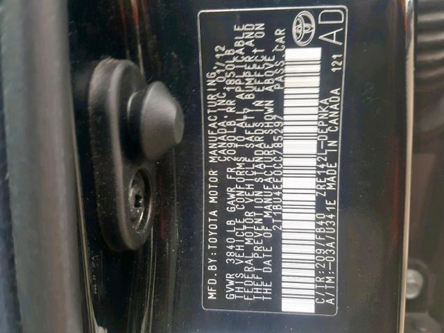 2T1BU4EE0CC785297 - 2012 TOYOTA COROLLA BA BLACK photo 10