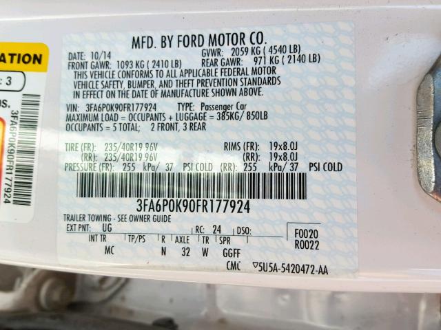 3FA6P0K90FR177924 - 2015 FORD FUSION TIT WHITE photo 10