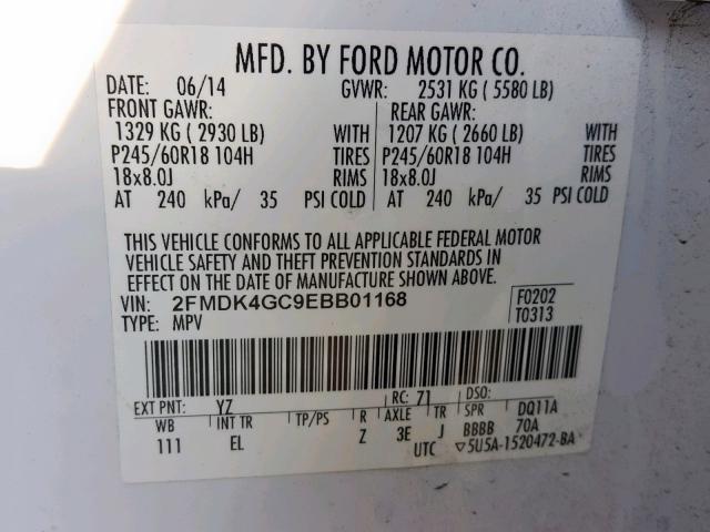 2FMDK4GC9EBB01168 - 2014 FORD EDGE SE WHITE photo 10