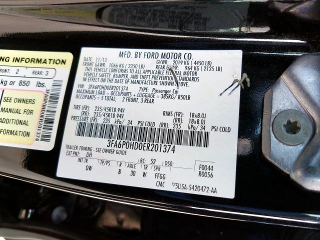 3FA6P0HD0ER201374 - 2014 FORD FUSION SE  photo 10