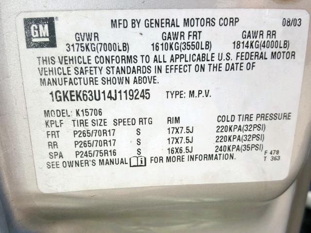 1GKEK63U14J119245 - 2004 GMC YUKON DENA TAN photo 10