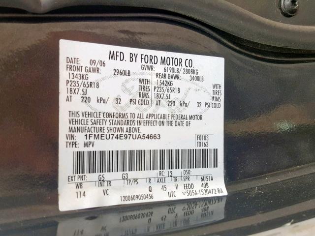 1FMEU74E97UA54663 - 2007 FORD EXPLORER E BLACK photo 10