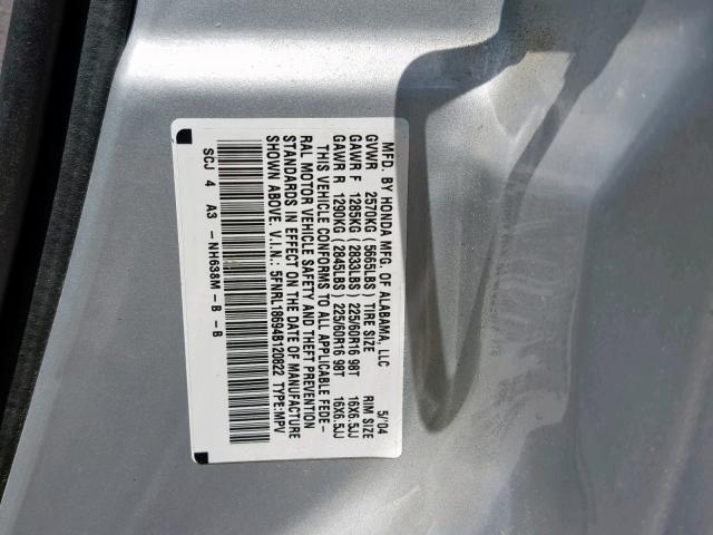 5FNRL18694B120822 - 2004 HONDA ODYSSEY EX SILVER photo 10