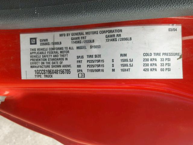 1GCCS196X48156705 - 2004 CHEVROLET COLORADO RED photo 10