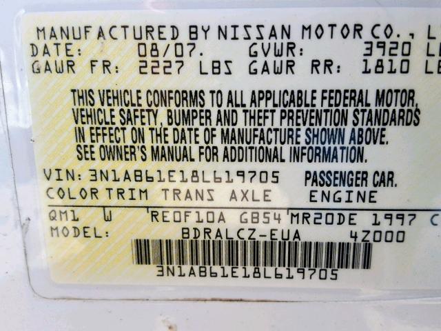 3N1AB61E18L619705 - 2008 NISSAN SENTRA 2.0 WHITE photo 10