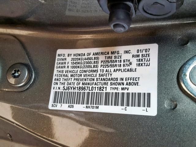 5J6YH18967L011821 - 2007 HONDA ELEMENT SC TAN photo 10