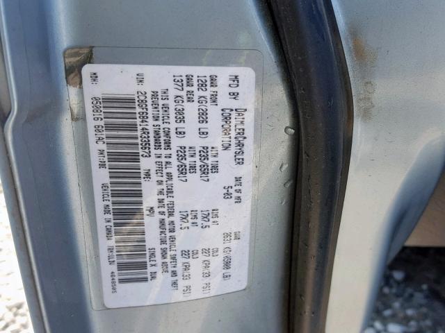 2C8GF68414R335673 - 2004 CHRYSLER PACIFICA BLUE photo 10