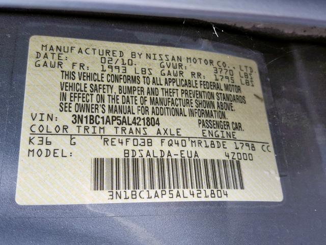 3N1BC1AP5AL421804 - 2010 NISSAN VERSA S GRAY photo 10