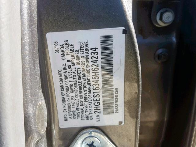 2HGES16345H624234 - 2005 HONDA CIVIC DX V GRAY photo 10