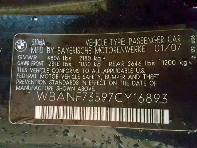 WBANF73597CY16893 - 2007 BMW 530 XI BLACK photo 10