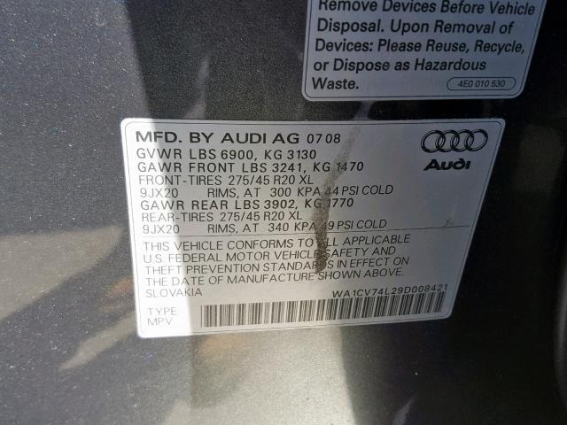 WA1CV74L29D008421 - 2009 AUDI Q7 4.2 QUA GRAY photo 10