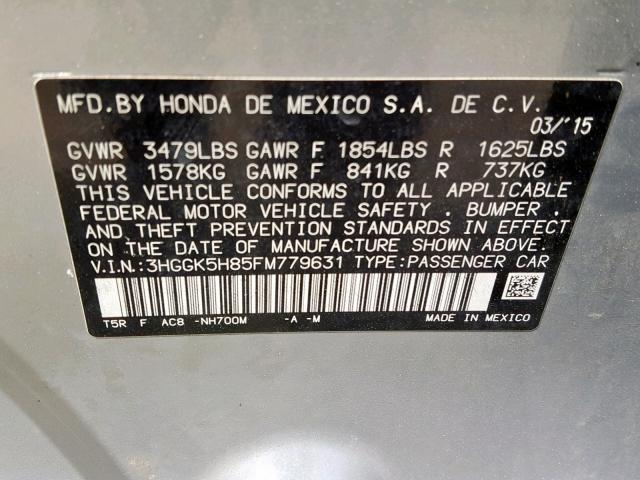 3HGGK5H85FM779631 - 2015 HONDA FIT EX SILVER photo 10