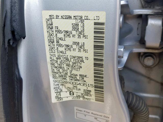 5N1ED28Y43C643515 - 2003 NISSAN XTERRA XE SILVER photo 10