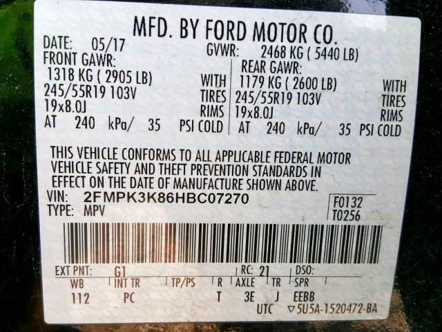 2FMPK3K86HBC07270 - 2017 FORD EDGE TITAN BLACK photo 10