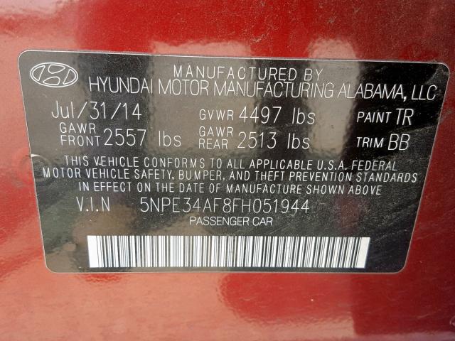 5NPE34AF8FH051944 - 2015 HYUNDAI SONATA SPO RED photo 10