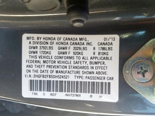 2HGFB2F85DH524521 - 2013 HONDA CIVIC EX  photo 10