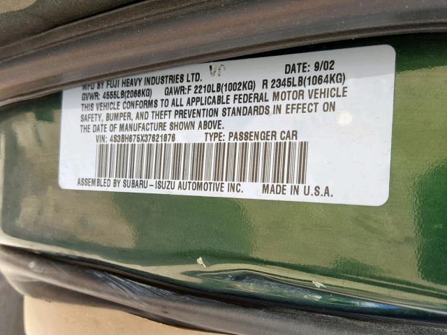 4S3BH675X37621876 - 2003 SUBARU LEGACY OUT GREEN photo 10