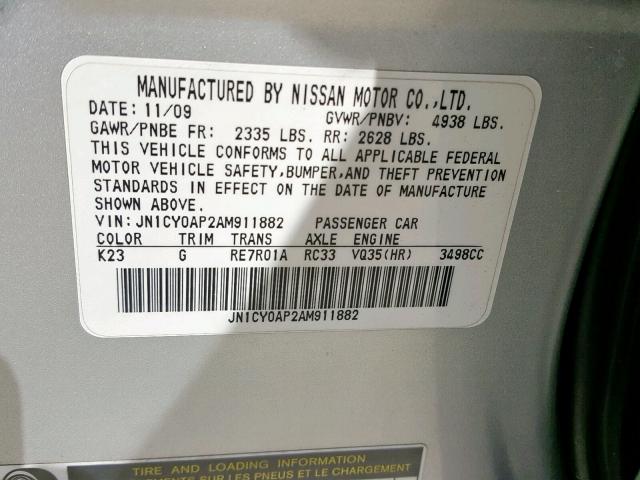 JN1CY0AP2AM911882 - 2010 INFINITI M35 BASE SILVER photo 10