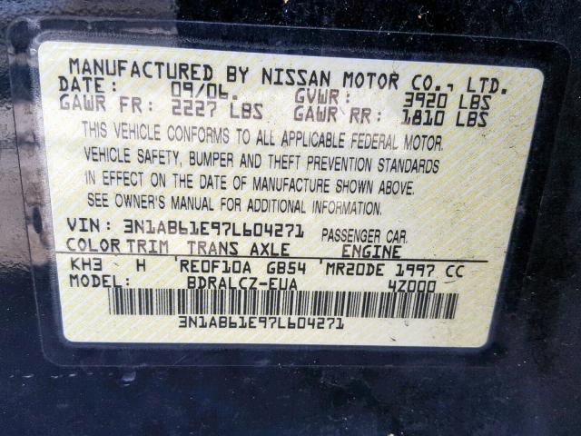 3N1AB61E97L604271 - 2007 NISSAN SENTRA 2.0 BLACK photo 10