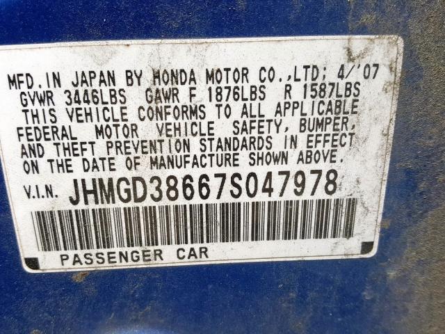 JHMGD38667S047978 - 2007 HONDA FIT S  照片 10