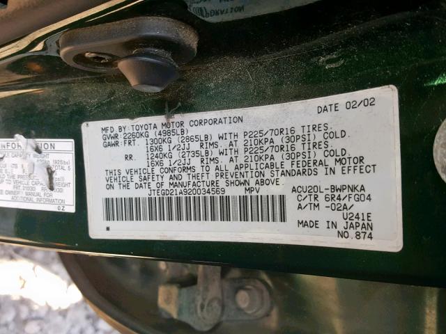 JTEGD21A920034569 - 2002 TOYOTA HIGHLANDER GREEN photo 10