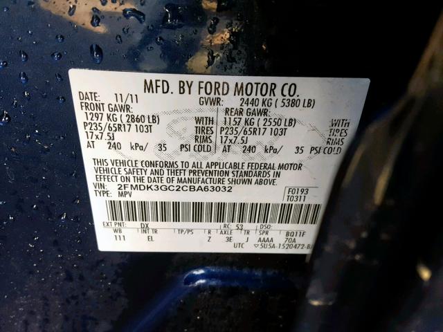 2FMDK3GC2CBA63032 - 2012 FORD EDGE SE BLUE photo 10