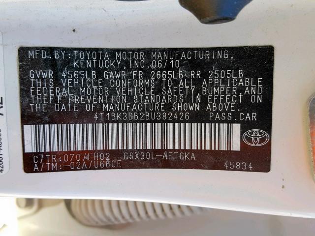 4T1BK3DB2BU382426 - 2011 TOYOTA AVALON BAS WHITE photo 10