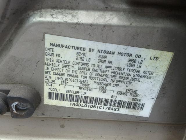 1N4DL01D61C176423 - 2001 NISSAN ALTIMA XE TAN photo 10