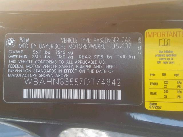 WBAHN83557DT74842 - 2007 BMW 750 BLACK photo 10