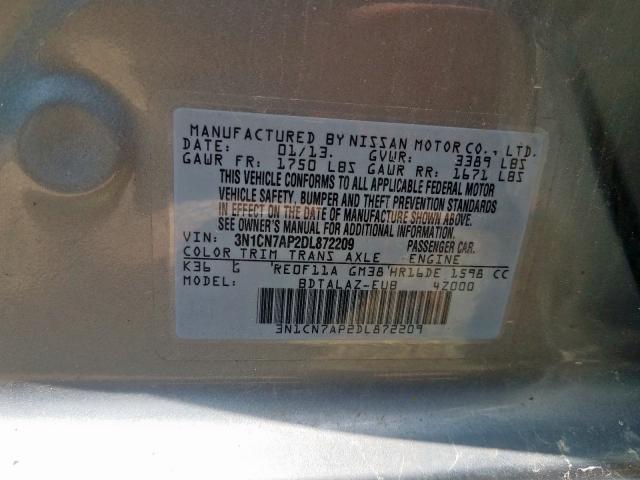 3N1CN7AP2DL872209 - 2013 NISSAN VERSA S  photo 10