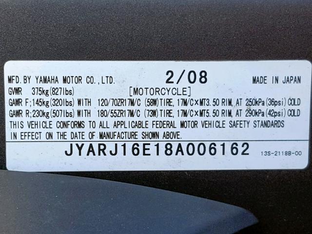 JYARJ16E18A006162 - 2008 YAMAHA YZFR6 GRAY photo 10