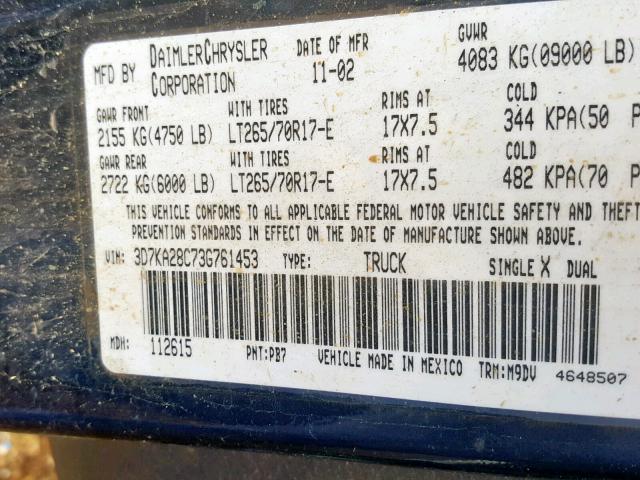 3D7KA28C73G761453 - 2003 DODGE RAM 2500 S ლურჯი ფოტო 10