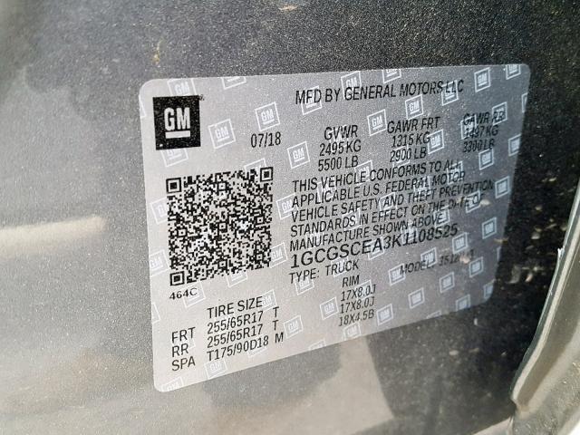 1GCGSCEA3K1108525 - 2019 CHEVROLET COLORADO L GRAY photo 10