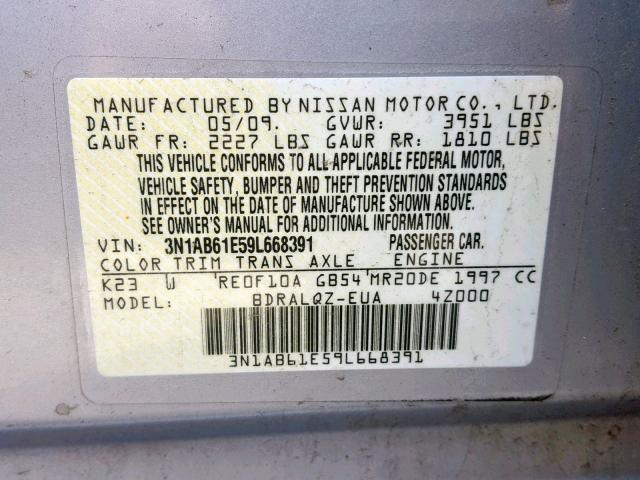 3N1AB61E59L668391 - 2009 NISSAN SENTRA 2.0 SILVER photo 10