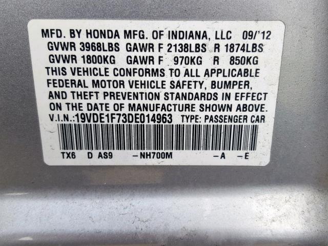 19VDE1F73DE014963 - 2013 ACURA ILX 20 TEC SILVER photo 10