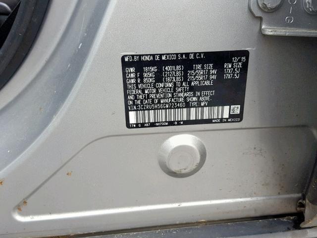 3CZRU5H56GM723460 - 2016 HONDA HR-V EX SILVER photo 10