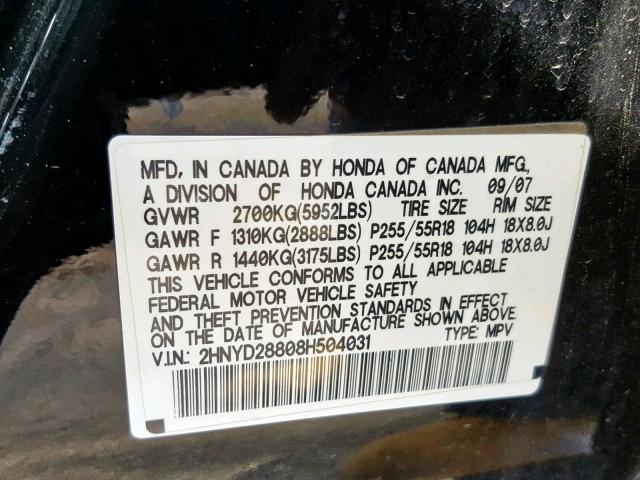 2HNYD28808H504031 - 2008 ACURA MDX SPORT BLACK photo 10