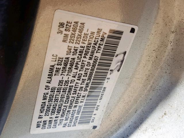 5FNRL38886B080667 - 2006 HONDA ODYSSEY TO SILVER photo 10