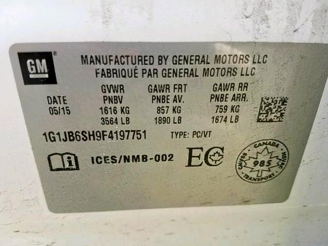 1G1JB6SH9F4197751 - 2015 CHEVROLET SONIC LS WHITE photo 9