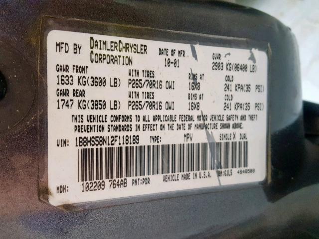 1B8HS58N12F118189 - 2002 DODGE DURANGO SL CHARCOAL photo 10