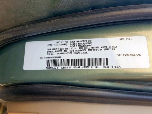 4S3BH675247639600 - 2004 SUBARU LEGACY OUT GREEN photo 10