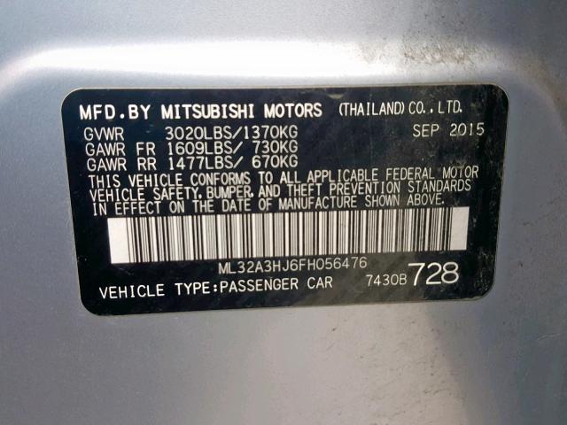 ML32A3HJ6FH056476 - 2015 MITSUBISHI MIRAGE DE SILVER photo 10